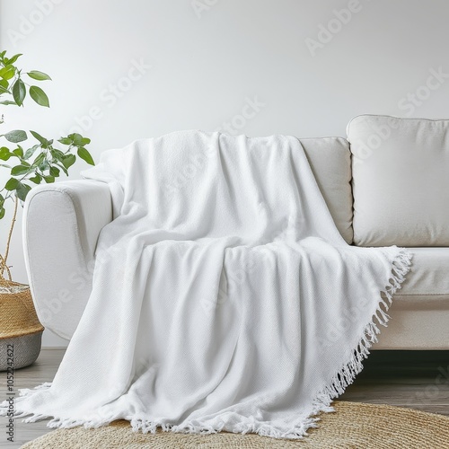 A simple white sofa is adorned with a fringe white blanket, providing a cozy touch to a minimalist living room. photo