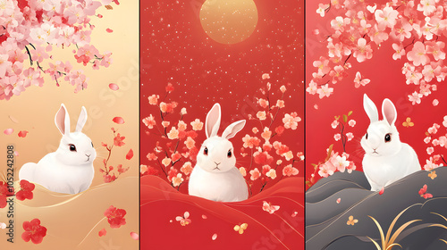 Three different images of a white rabbit in a red and black background photo