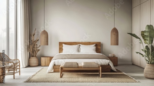 Wallpaper Mural The bedroom showcases a minimal design with stylish lighting, natural tones, and a sense of spaciousness and serenity. Torontodigital.ca