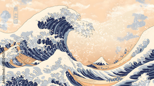 Fototapeta Naklejka Na Ścianę i Meble -  A painting of a wave with mountains in the background