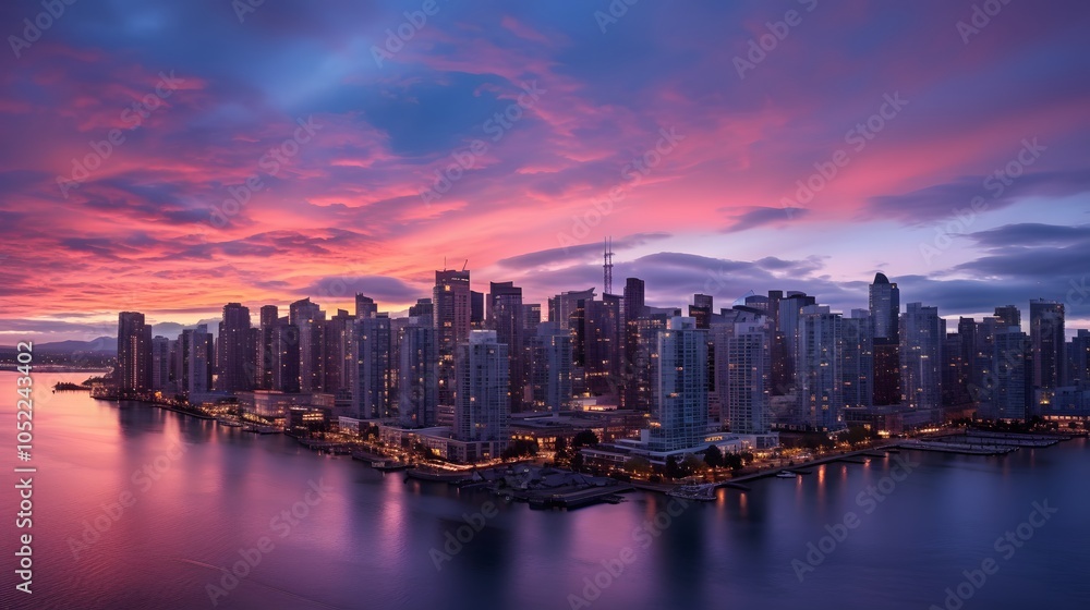 Naklejka premium Twilight city skyline blending light and shadows