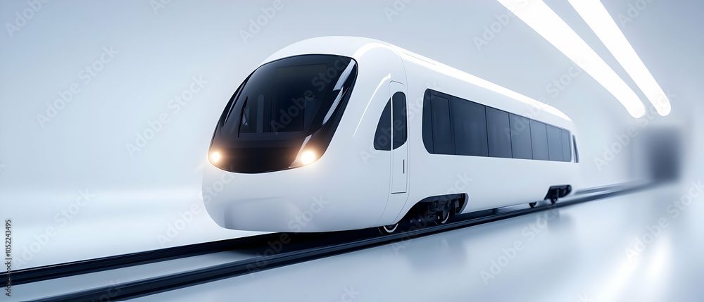 Obraz premium Futuristic train concept in a sleek design on tracks, set against a minimalistic white backdrop.