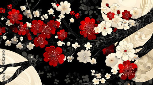 A black and white image of a tree with red and white flowers