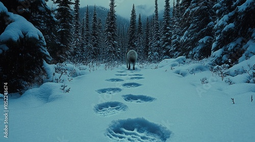 A lone wolf walks through a snowy forest, leaving a trail of footprints behind. photo