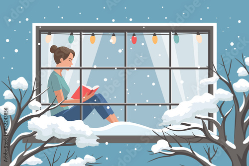 Woman reading book at the winter window. New Year and Christmas background. Cozy winter illustration for bookshop, library, bookstore.