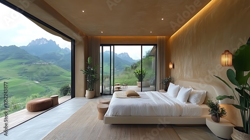 A modern bedroom with large windows overlooking a lush green mountain valley.