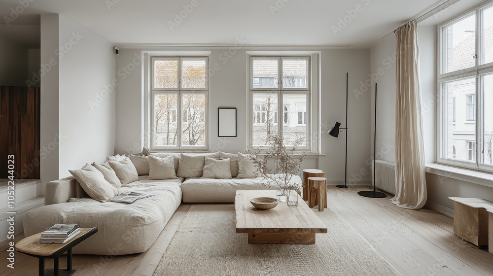 A cozy Scandinavian-style living room featuring a beige sectional sofa, minimalist wooden decor, and ample natural light from large windows. A cozy Scandinavian-style living room featuring a beige sectional sofa, minimalist wooden decor, and ample natural light from large windows.