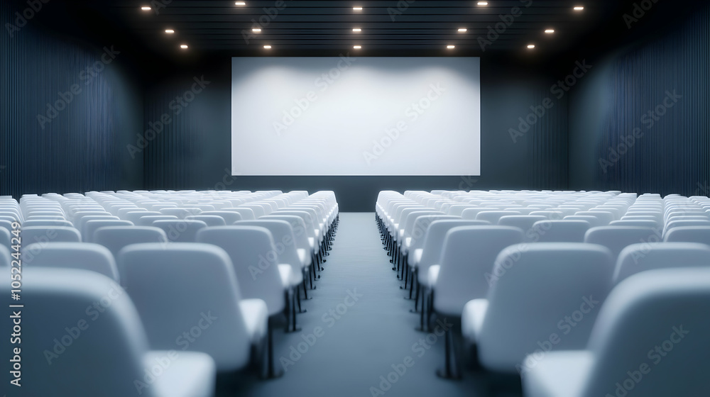 Modern cinema interior with empty white seats and a large screen, creating a tranquil viewing environment. Modern cinema interior with empty white seats and a large screen, creating a tranquil viewing environment.