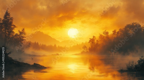 Serene sunset over a misty river with mountains in the background.