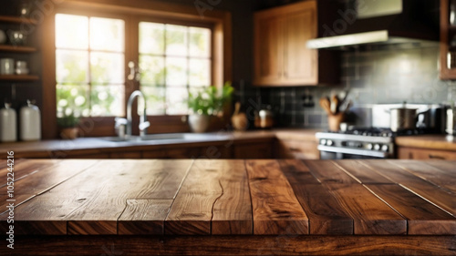 Wood table top on blur kitchen room background For montage product display or design key visual layout
