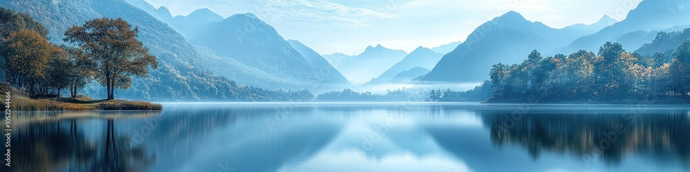 Fototapeta premium Serene landscape with mountains reflected in a calm lake.