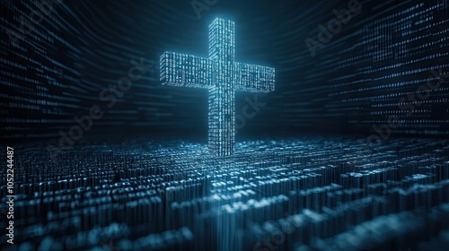 A floating digital cross in a futuristic hologram, symbolizing faith in a technologically advanced world. photo