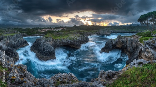 Powerful waves crashing against a rocky coastline at sunset