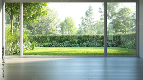 serene yoga studio surrounded by energy-efficient windows that provide a view of a peaceful garden, A serene interior view showcasing a lush garden outside.