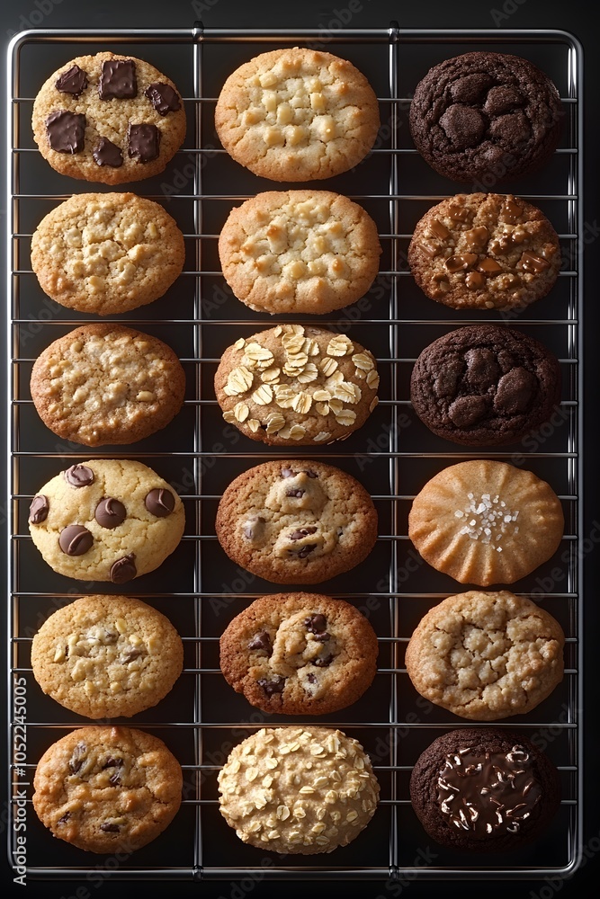 The image of freshly baked cookies on a grid emitting a sweet aroma, inviting a warm and tempting feeling. It is suitable for creating bakery advertisements or content to invite customers to try it. The image of freshly baked cookies on a grid emitting a sweet aroma, inviting a warm and tempting feeling. It is suitable for creating bakery advertisements or content to invite customers to try it.