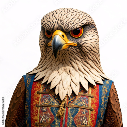 golden eagle bird costume with blue and red patterned vest photo