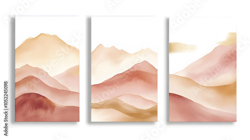 Three paintings of mountains in a row