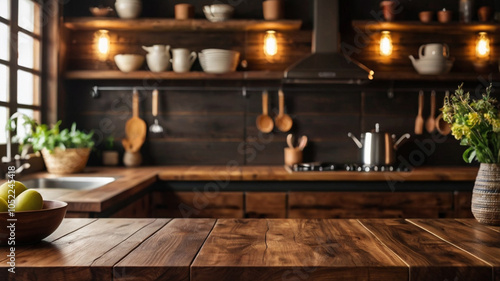 Wood table top on blur kitchen room background For montage product display or design key visual layout 