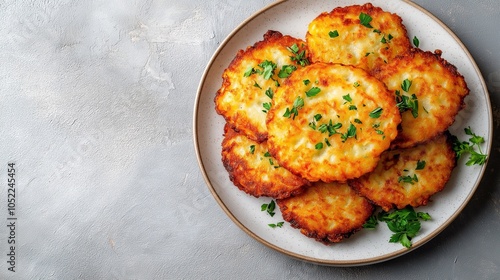  potato pancakes on a white plate, breakfast photo