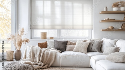 A contemporary living space features a white sofa adorned with pillows and neutral tones, with large blinds filtering light.