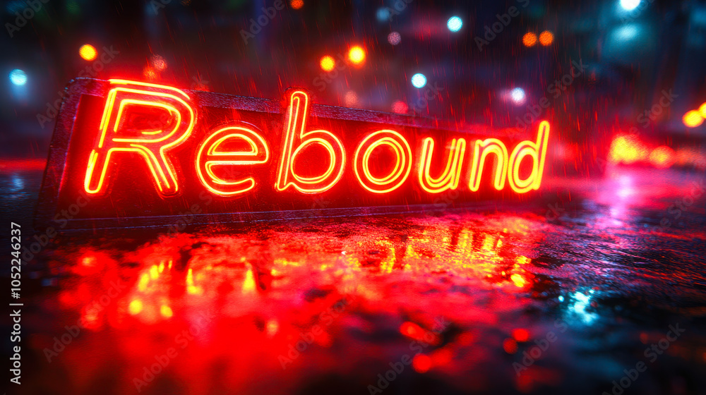 Neon Rebound Sign Symbolizing Recovery and Growth in Urban Night Setting Neon Rebound Sign Symbolizing Recovery and Growth in Urban Night Setting