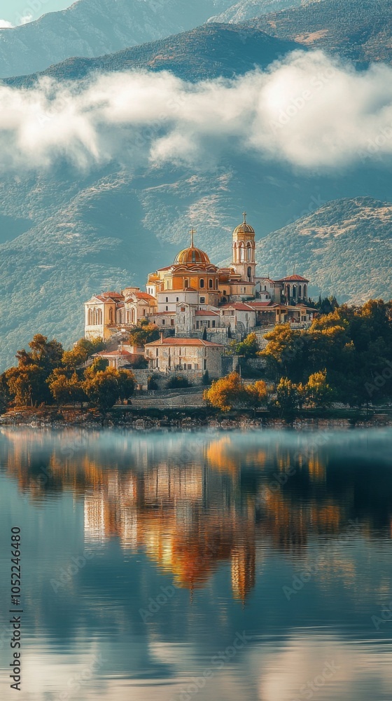 A magnificent church with golden domes is perfectly reflected upon a serene lake, surrounded by lush green mountains and a sky filled with scattered clouds. A magnificent church with golden domes is perfectly reflected upon a serene lake, surrounded by lush green mountains and a sky filled with scattered clouds.