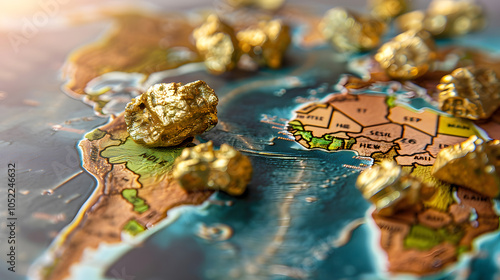 Close-up of gold nuggets placed on a detailed map of Africa, representing natural resources, mining potential, and wealth distribution