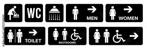 Toilet icons set. Men and women restroom icon sign left right arrow. Disabled wheelchair icon. Baby changing room sign. Parent room symbol. Shower room sign. Bathroom sign. Vector Illustration