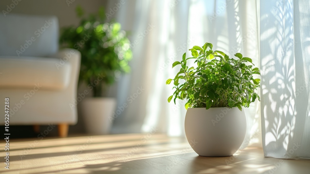 Sunlit room with abundant greenery features vibrant potted plants and sunlight filtering beautifully through white curtains. Sunlit room with abundant greenery features vibrant potted plants and sunlight filtering beautifully through white curtains.