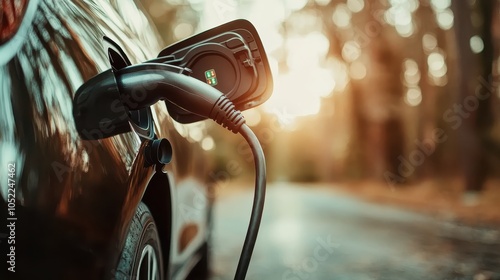 An electric car charging on a serene forest road, capturing the synergy between modern electric vehicles and the timeless tranquility of nature with evening light. photo