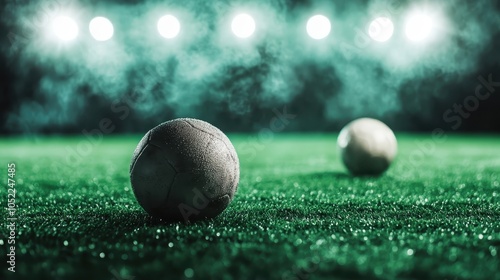 Two soccer balls rest on a misty, well-lit field under bright stadium lights, ready for a night game and creating a dynamic, anticipatory sports atmosphere. photo