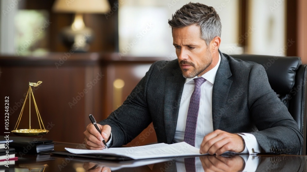 Corporate Lawyer Reviewing Legal Documents in Office Corporate Lawyer Reviewing Legal Documents in Office