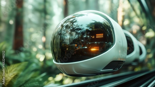 A futuristic, pod-like vehicle glides effortlessly through a verdant forest landscape, blending advanced technology with nature’s tranquility and innovation in eco-mobility. photo