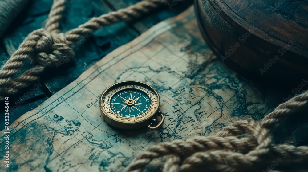 Fototapeta premium Compass, rope on the treasure map on the table. The concept of sea adventures