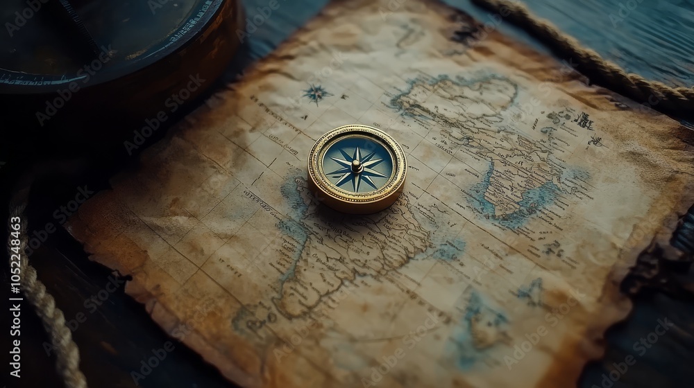 Obraz premium Compass, rope on the treasure map on the table. The concept of sea adventures