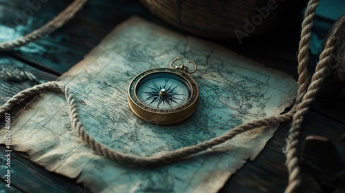 Compass, rope on the treasure map on the table. The concept of sea adventures photo