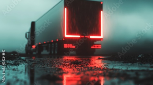 The rear of a truck is brightly lit in a rainy night setting, emphasizing safety and navigation, while the rain-drenched road adds a dramatic night-time atmosphere. photo