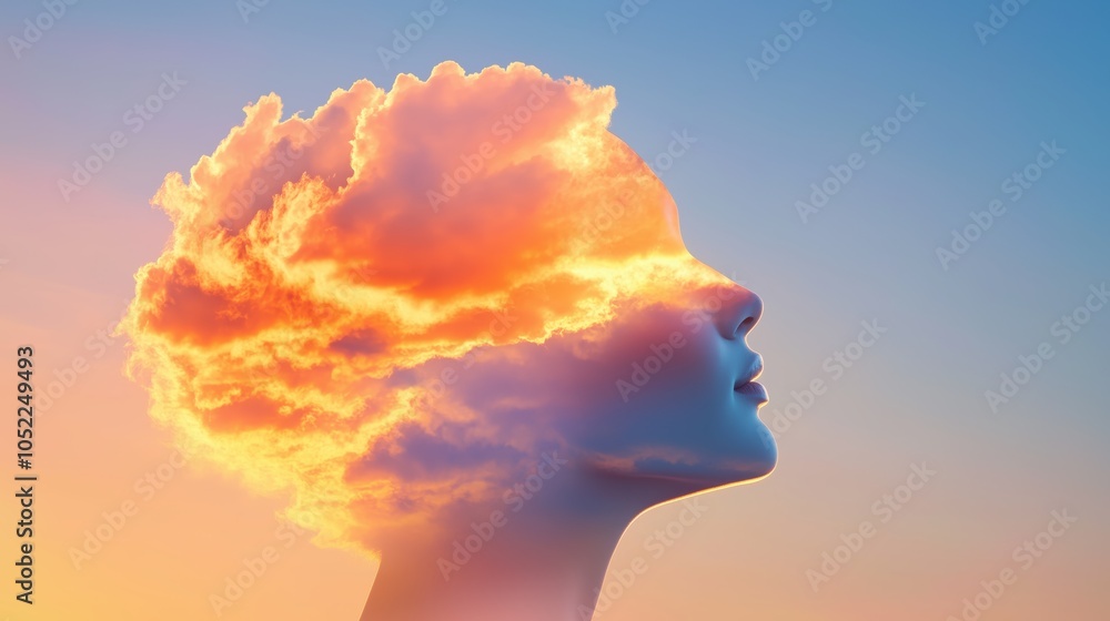 A surreal depiction of a profile, where the head is filled with vibrant clouds, symbolizing creativity, imagination, and connection to nature. A surreal depiction of a profile, where the head is filled with vibrant clouds, symbolizing creativity, imagination, and connection to nature.