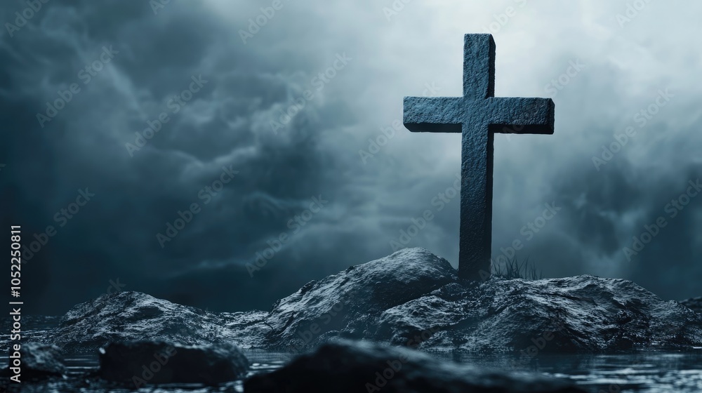 A simple cross placed on a rocky mountain summit, symbolizing triumph, sacrifice, and faith. A simple cross placed on a rocky mountain summit, symbolizing triumph, sacrifice, and faith.