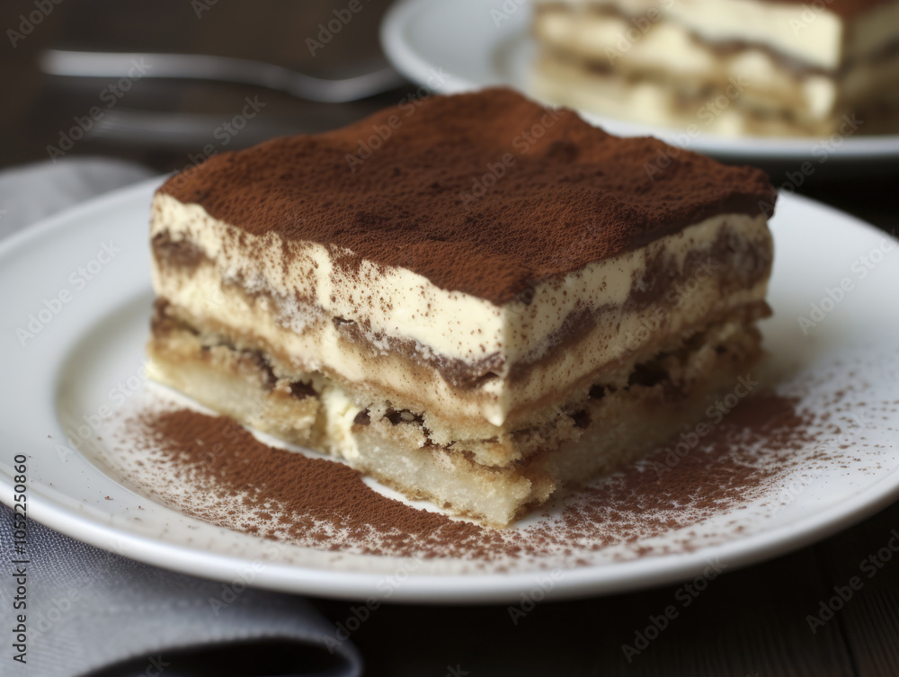 Tiramisu Cake on a White Plate on a Black Background, close-up Tiramisu Cake on a White Plate on a Black Background, close-up