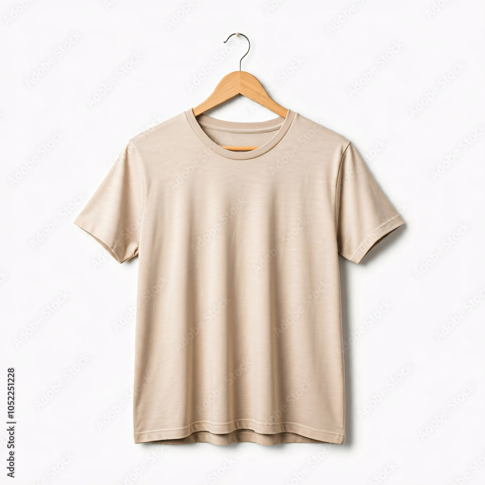 beige t-shirt mockup on wooden hanger beige t-shirt mockup on wooden hanger