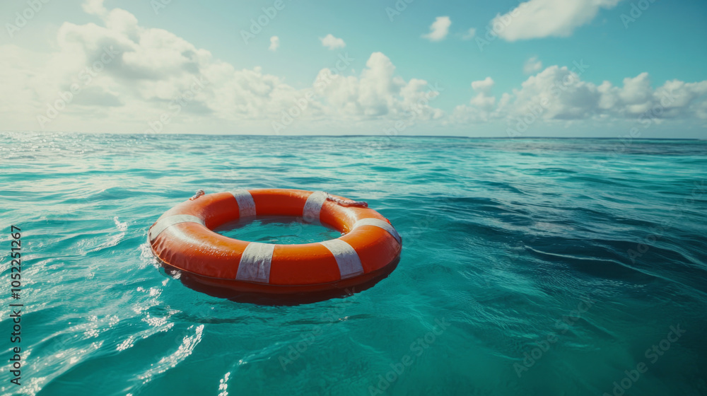 Obraz premium Floating lifebuoy on ocean surface