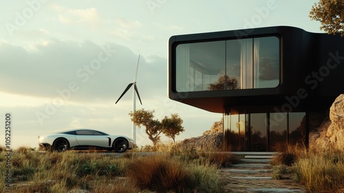 A contemporary eco-friendly home with a sleek car parked outside, accompanied by a wind turbine, set amidst a natural landscape at sunset. photo