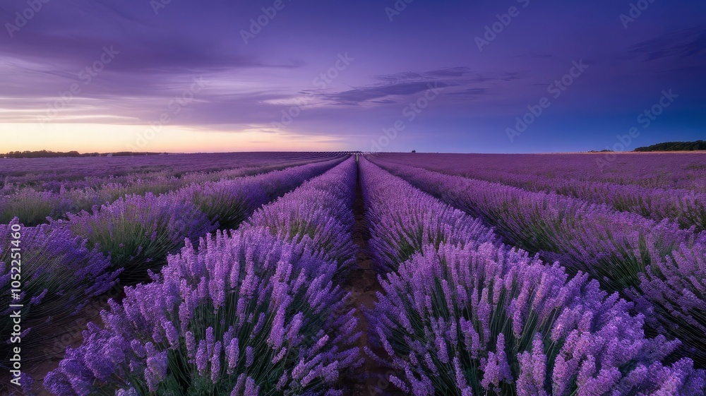 Obraz premium a field of lavender that has a purple sky in the background.
