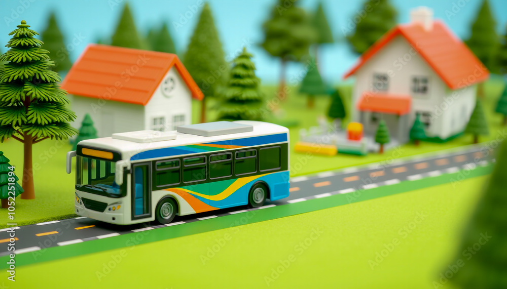 Miniature toy bus and houses on a grassy field Miniature toy bus and houses on a grassy field