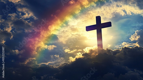 A vibrant cross-shaped rainbow appearing over a stormy horizon, symbolizing hope and faith. photo