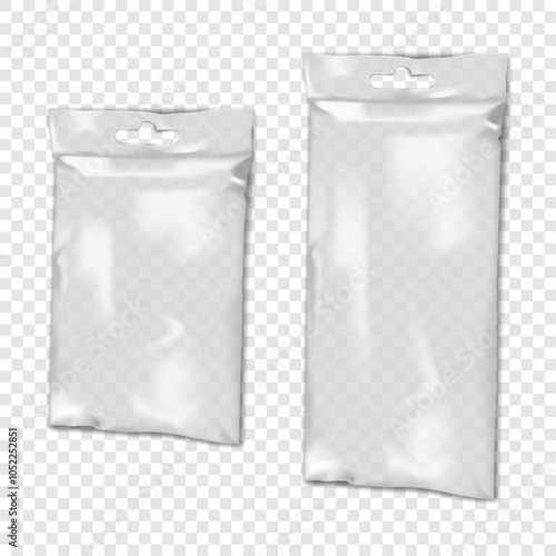 Clear plastic bag with euro hole. 3d mockup set. Hanging empty sachet pouch on transparent background. Realistic vector mock-up. Vinyl envelope sleeve package. Template for design