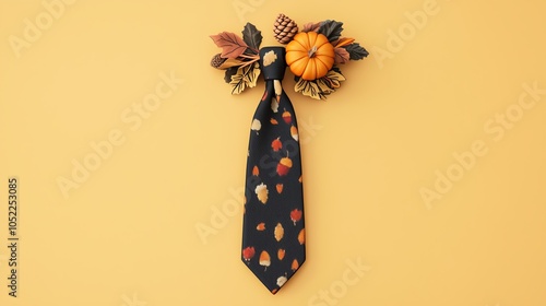 Chic fallthemed tie with subtle pumpkin and acorn details, perfect for Thanksgiving photo