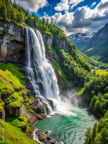 Amazing summer landscape with waterfall Gjerdefossen, majestic turquoise water river,  peaceful green mountains and blue sky with clouds, Geirangerfjord, More og Romsdal, Norway, Europe