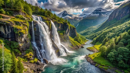 Panorama summer landscape with waterfall Gjerdefossen, majestic turquoise water, peaceful mountains and dramatic sky, Geirangerfjord, More og Romsdal, Norway, Europe